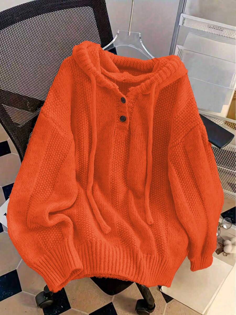 女士休闲连帽针织开衫，宽松长袖，前口袋，可调节抽绳兜帽，简约设计，舒适套头衫，秋冬 - 橘色 - 查看 1