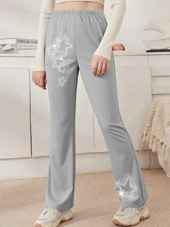 Girls' Star Print Flare Pants, Casual Slim Fit Elegant Trousers With Sparkling Star Decor, Flared Leg Design, Suitable For Outdoor Sports