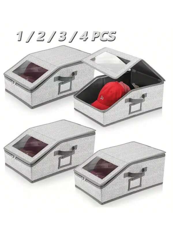 1pc/2pcs Hat Storage Box With Transparent Viewing Window, Multi-Purpose Large Capacity Stackable Storage Box, Heavy-Duty Organizer With Flip Lid, Space-Saving Vertical Storage, Suitable For Baseball Caps, Underwear, Socks, Toys