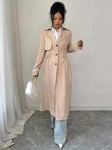 Women's Solid Color Revere Collar Fashion Commuter Waist Cinched Single-Breasted Pocket Long Trench Coat