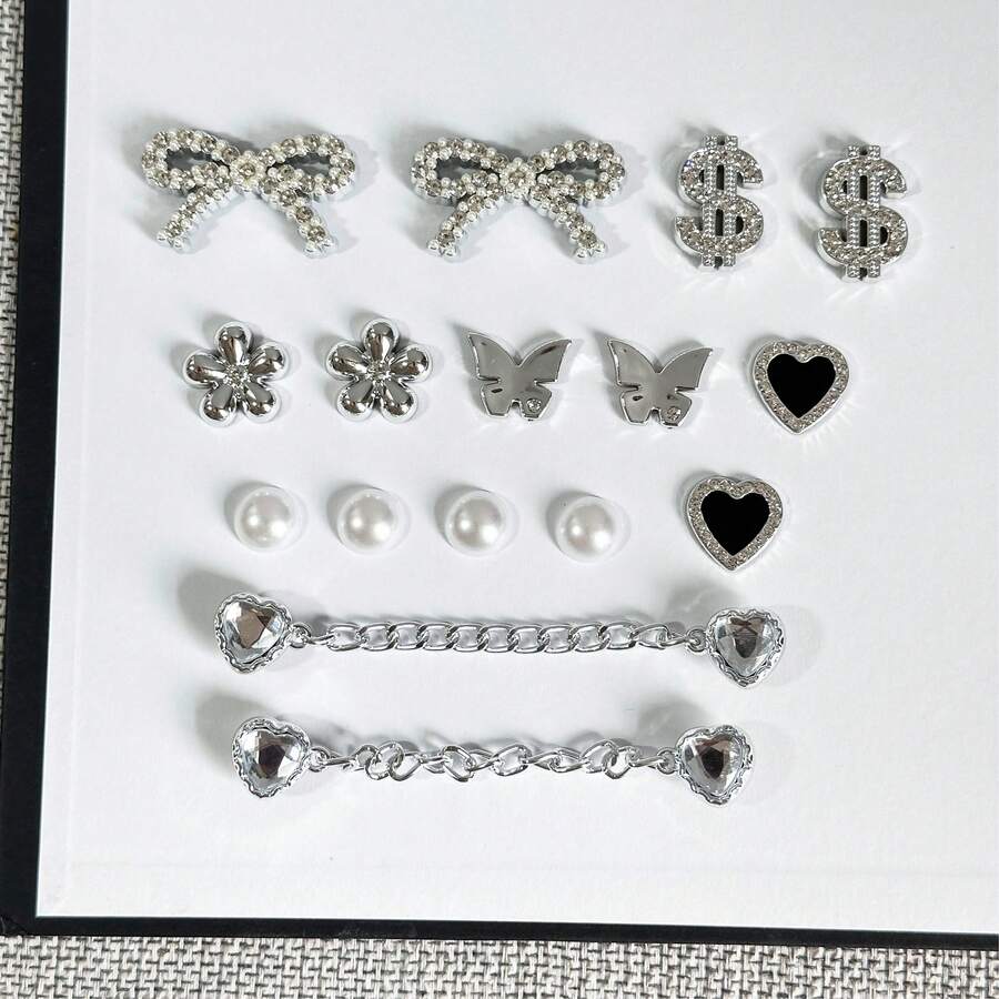 16 Silver Heart-Shaped Chain Shoes Charm, Sparkling Rhinestone Bow Dollar Shoe Decoration, DIY Detachable Artificial Bead Shoe Accessories, Mutlifunction Flower Butterfly Shoe Clip Decoration Women's Sandals And Slippers, Birthday Party Gifts