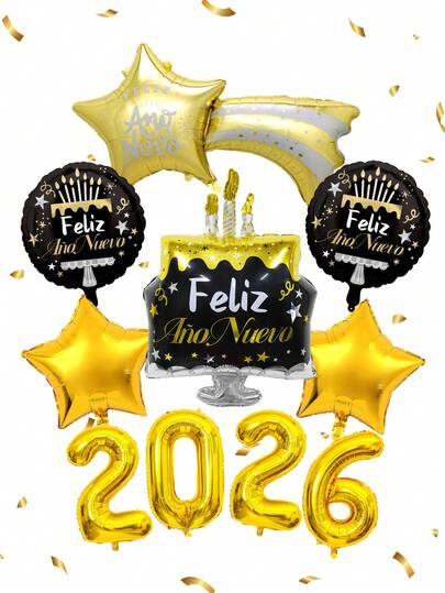 Conjunto de 10 balões para o Ano Novo Espanhol, incluindo dourado 2026, bolo de Feliz Ano Novo Espanhol, meteoro, balão redondo de 18 polegadas e balão metalizado em forma de estrela dourada, adequado para festa de Ano Novo, decoração de véspera de Natal, Natal, adereços para cabine de fotos, festa temática 2026, decoração para evento de celebração de feriado