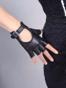 1pair Women's Black Half Finger Leather Gloves With Adjustable Width Metal Buckle For Motorcycle - màu đen - Xem 5