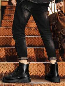 Herren modische High-Top Rund Zeh Knöchel Stiefel, dicke Sohle, abriebfest, Vintage Lässig Stil, geeignet für Große Größen, Winter Outdoor - Schwarz - Übersicht 5