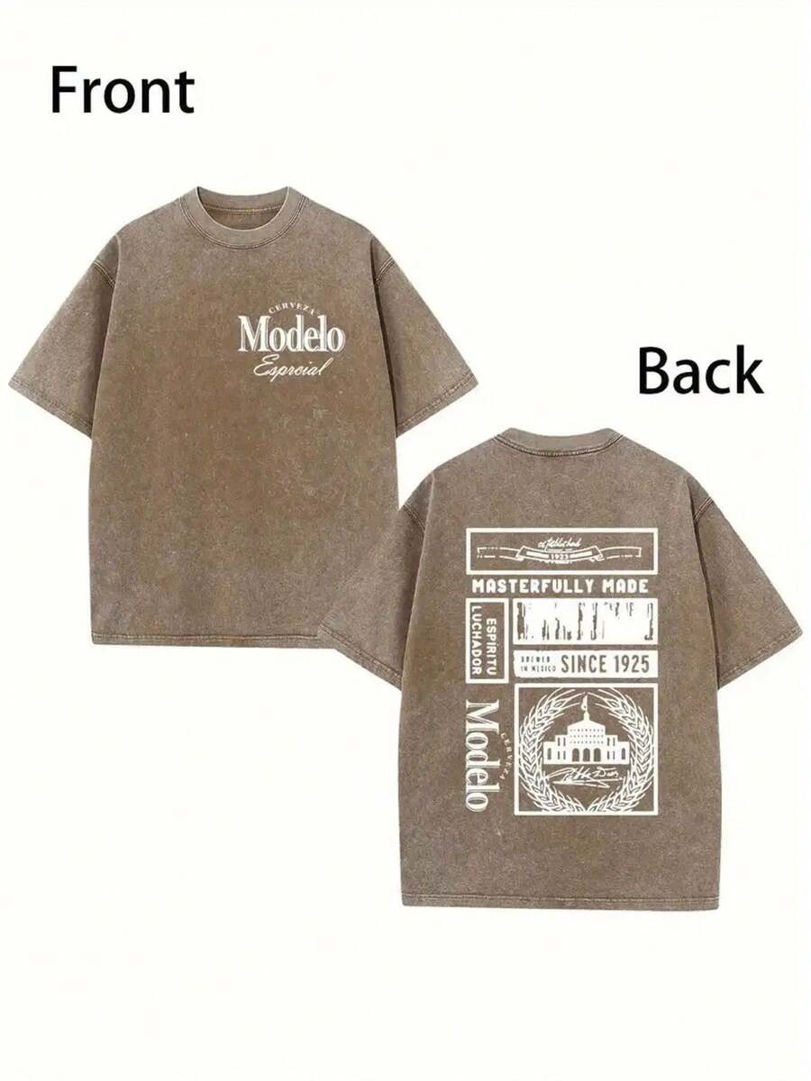 Men Shirts 1pc Heavyweight 230GSM Vintage Washed Cotton T-Shirt - Brown Retro Tee With MODEL Graphic Back, Loose Fit Streetwear For Men & Women, All-Season Casual Shirt For Parties, Holidays, Casual Attire - Ideal Gift For Fashion Enthusiasts Men Clothes - Màu cà phê - Xem 1