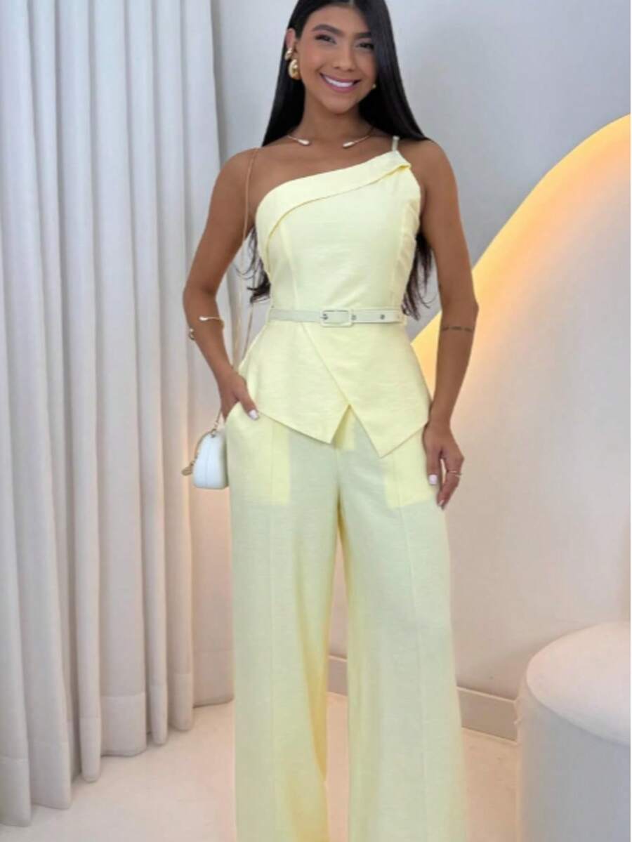 Women's Set: One-Shoulder Asymmetrical Blouse And Wide-Leg Pants With Belt - Yellow - View 1
