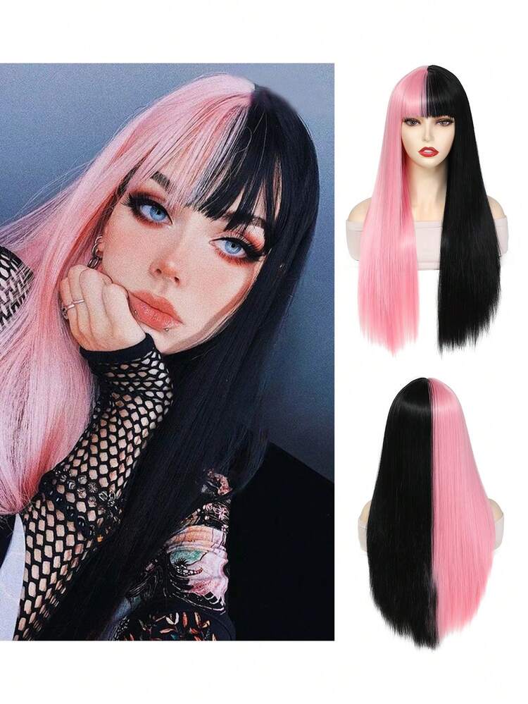 Synthetic Hair 26 Inch Long Straight Half Pink Half Black Cosplay Wig With Bangs Two Tone Ombre Color Women Wigs With Flat Bangs For Cosplay Daily Party Use Heat Resistant Fiber Hair School Halloween Thanksgiving Day Christmas Wigs High Density Fake Hair - Multicolor - View 12