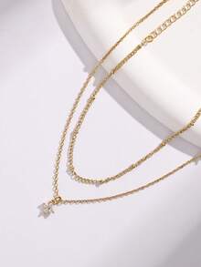 Tkool 2 pièces/set Pendentif trèfle à quatre feuilles avec chaîne, micro-incrusté de zircone cubique à double couche, bijou de cheville pour femmes, port quotidien (quantité de perles de chaîne aléatoire) - Or jaune - Voir 4