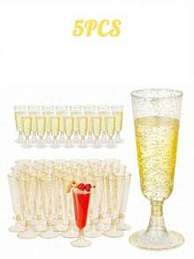 1/5/10pcs Reusable Champagne Flutes, Gold Glitter Plastic Champagne Glasses, Cocktail Cups, Wedding Toasting Flutes, Party Bar Cocktail Glasses, Bulk Gold Plastic Cups, Elegant Party Beverage Cups, For Party, Wedding And Large Events Back To School Season - Multicolor - View 9