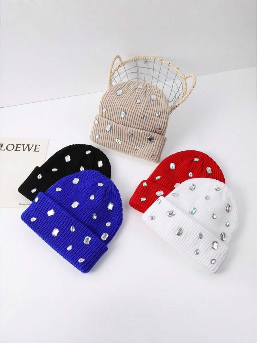 1pc Fashion Versatile Rhinestone Embellished Beanie, Punk Style Knit Hat With Diamonds, Warm Couple Cap Suitable For Daily, Home, Outdoor, Cycling, Fishing, Autumn/Winter - Multicolor - View 1