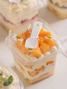 10pcs/20pcs Square Wooden Pudding Cup With Spoon, Fruit Cream Cake, Mousse Cake Takeout Box - Transparent - View 1