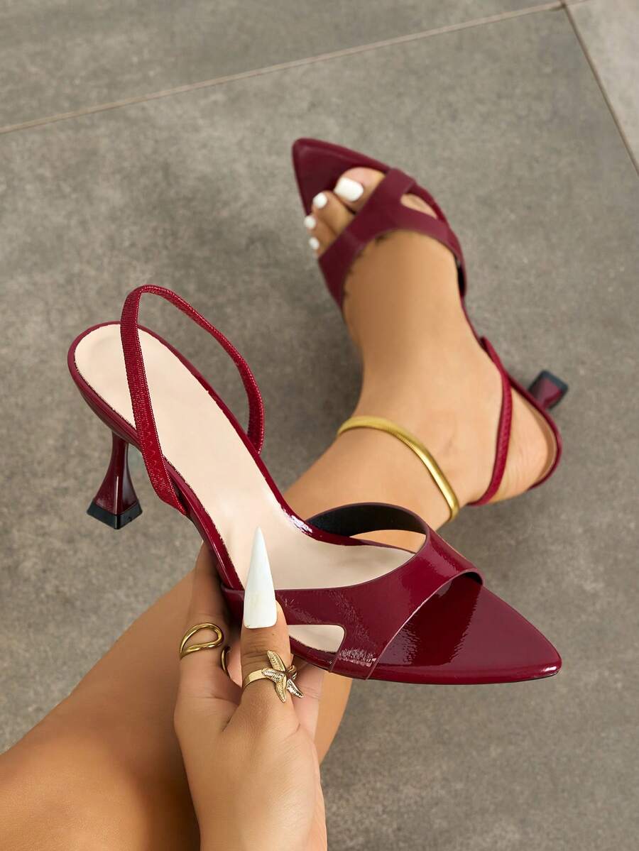 女士高跟鞋，时尚高端派对户外细高跟鞋，尖头闪亮交叉带设计，漆皮材质，性感优雅，春夏季勃艮第色凉鞋 - 酒紅色 - 查看 1