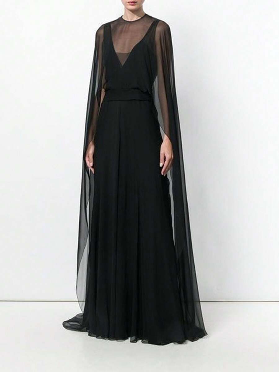 Chiffon Cape For Women Sheer Mesh Shawl Wraps Asymmetrical Flowy Capelets For Evening Dress Crop Cover Up Poncho With High Waisted Pants - màu đen - Xem 1