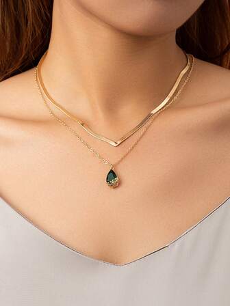 2pcs Layered Women Necklace With Gold Line Design And Emerald Green Zirconia Teardrop Pendant On Flat Gold Chain, Elegant For Daily And Special Occasions
