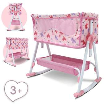Toy Baby Doll Crib For 18'' Dolls, Lovely Pattern Design Baby Doll Bed With, Toy Crib Doll Furniture For 3 Years+ Girls, Doll Bed And Doll Swings Together For Baby Doll Crib With Bottom Tray Pink, Gift,