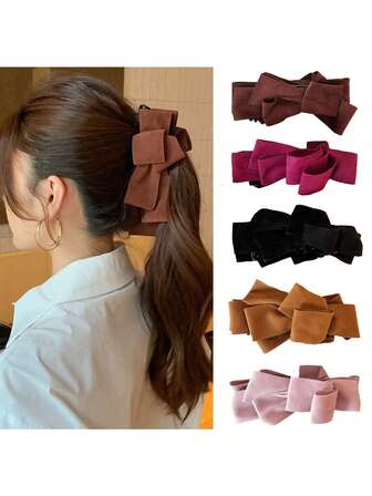 1个复古麂皮蝴蝶结香蕉发夹，时尚高端纯色秋冬发髻夹，马尾夹发饰，新款，可爱配饰，爪夹