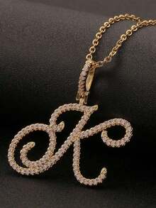 CZ Zirconia 26 Letters A-Z Pendant Necklace, Women's Punk Style Initial Necklace, Fashionable Stainless Steel Hip Hop Jewelry - 黃金2 - 查看 11