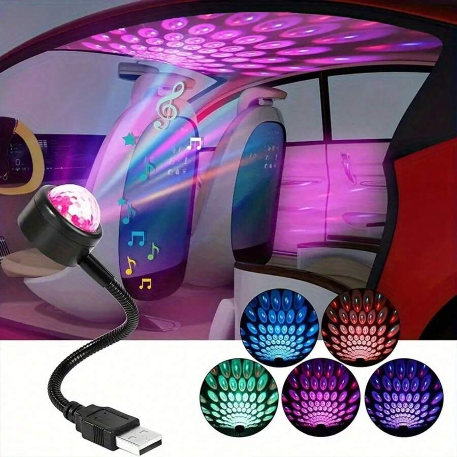 2 piezas Lámpara de proyección de efecto de escenario de ritmo musical USB, Luz de escenario de fiesta LED, Luz LED de ambiente romántico para coche, dormitorio, fiesta