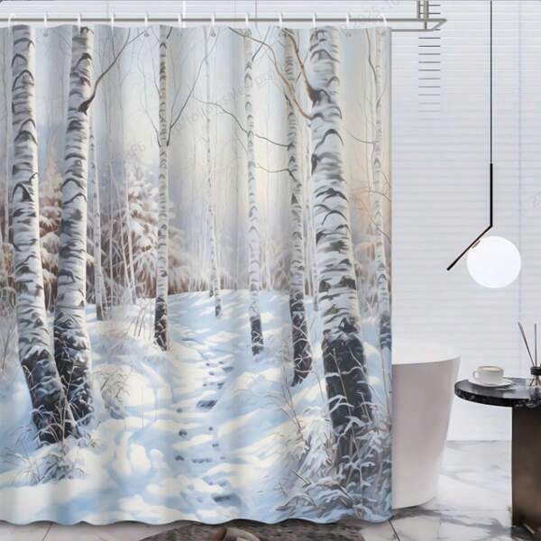 1pc Winter Snowy Birch Forest Printed Waterproof Mildew-Resistant Shower Curtain With Hanging Hooks, Suitable For Home, Apartment, Hotel Bathroom Decor