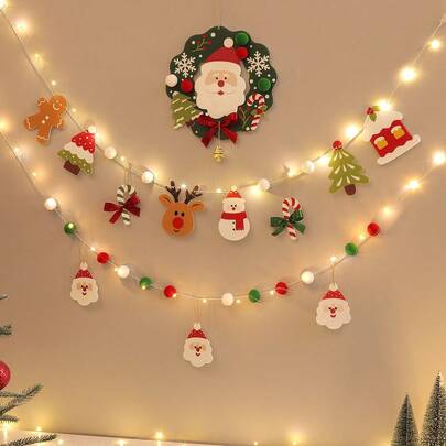 Christmas Pearl Wreath, Santa Claus, Christmas Tree, Pom Pom Hanging Decor, Party Decoration, Wall Background, Cute Banner, Lighting Set