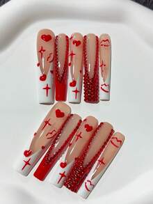 10 sztuk walentynkowych paznokci Y2K, bardzo długie, w kształcie trumienki, w kolorze czerwonym i białym, ręcznie robione, z luksusowym czerwonym diamentowym zdobieniem, wzorem serca i gwiazdy; artykuły do paznokci, domowe paznokcie, DIY, zdobienia paznokci, akrylowe sztuczne paznokcie; odpowiednie na walentynki, imprezy, codzienne noszenie, wesele; świetny prezent dla kobiet i dziewcząt; zawiera 1 arkusz żelu i 1 mini pilnik - Czerwony i biały - Zobacz 2