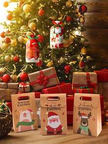 24 piezas Cajas de dulces navideños con etiquetas, Mini bolsas de regalo navideñas, Bolsas de papel de regalo de kraft para galletas y dulces, para suministros de obsequios de fiesta, rellenos de calcetines navideños, cajas de galletas y dulces