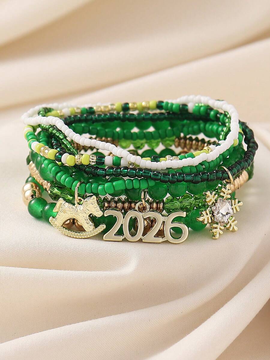 Set de 8 piezas de pulsera con cuentas de vidrio con colgante numérico 2026, diseño de caballo y copo de nieve, estilo bohemio, adecuado para uso diario, casual, viajes, regalo de vacaciones para mujeres