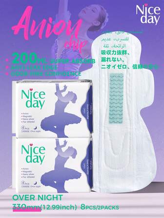 Niceday 330 mm, 8 st/2-pack, Menstruationsbindor med negativa joner, Extra långa bindor för natten, Ultratunna mensskydd, Mjuka mensskydd, Superabsorberande, Extra torra, Inget läckage, Andningsbara, Ingen irritation, Bekväm för intima områden