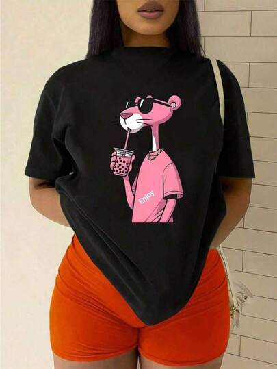Dama Casual T-shirt gráfico pantera rosa relajada cuello redondo manga corta primavera/verano uso diario playera