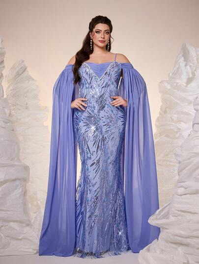 Đầm maxi dáng đuôi cá trễ vai màu xanh dương đính sequin và hạt cườm cỡ lớn của Mgiacy, tay áo choàng, trang phục mùa hè thanh lịch dành cho nữ, thích hợp cho dạ hội, tiệc tối, tiệc tùng và lễ hội.