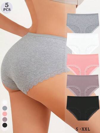 FINETOO Set de 5 bragas de mujer de algodón de unicolor, con parches de encaje floral y tela acanalada de cintura alta, tela suave y cómoda para uso diario