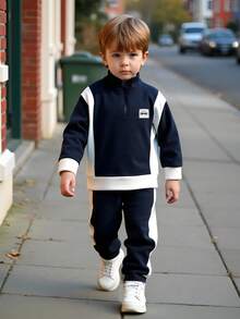 2pcs/Set Young Boy Casual Patch Design Cozy Fleece Splice Long Sleeve Half-Zip Collar Sweatshirt And Pants Set, Suitable For Casual, Sports, Daily Wear, School, Outdoor, Autumn/Winter - Navy Blue - View 1
