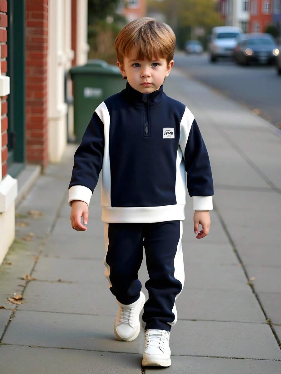 2pcs/Set Young Boy Casual Patch Design Cozy Fleece Splice Long Sleeve Half-Zip Collar Sweatshirt And Pants Set, Suitable For Casual, Sports, Daily Wear, School, Outdoor, Autumn/Winter - Navy Blue - View 1