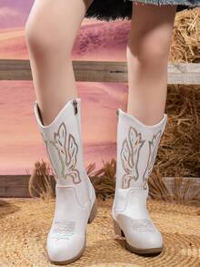 Girls' Comfortable & Fashionable Embroidered Sequin Splice Outdoor Casual High Heel Boots With Side Zipper - White - View 11