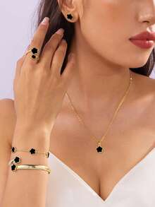 Conjunto de 5 joias de liga com design de flores da sorte, presente moderno para mulheres, pulseira de cristal de cura, promove a cura energética espiritual, adequada para uso diário, presente ideal para família, esposa ou parceira