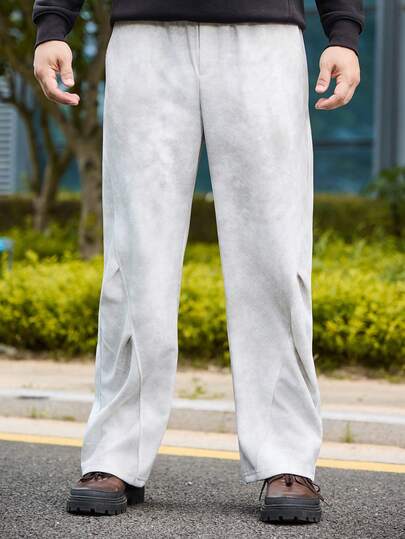 1 pieza Pantalones casuales de hombre con estampado lavado vintage, cintura elástica, pantalones rectos de punto para ocio al aire libre, otoño/invierno