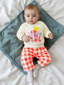 Conjunto de pantalón de cumpleaños para bebé niña, camiseta de manga larga con cuello redondo y bordado de la letra quot;Feliz cumpleañosquot; + pantalón a cuadros, ropa informal de mezcla de algodón suave, ideal para fotos de cumpleaños y fiestas. - Albaricoque - Ver 3