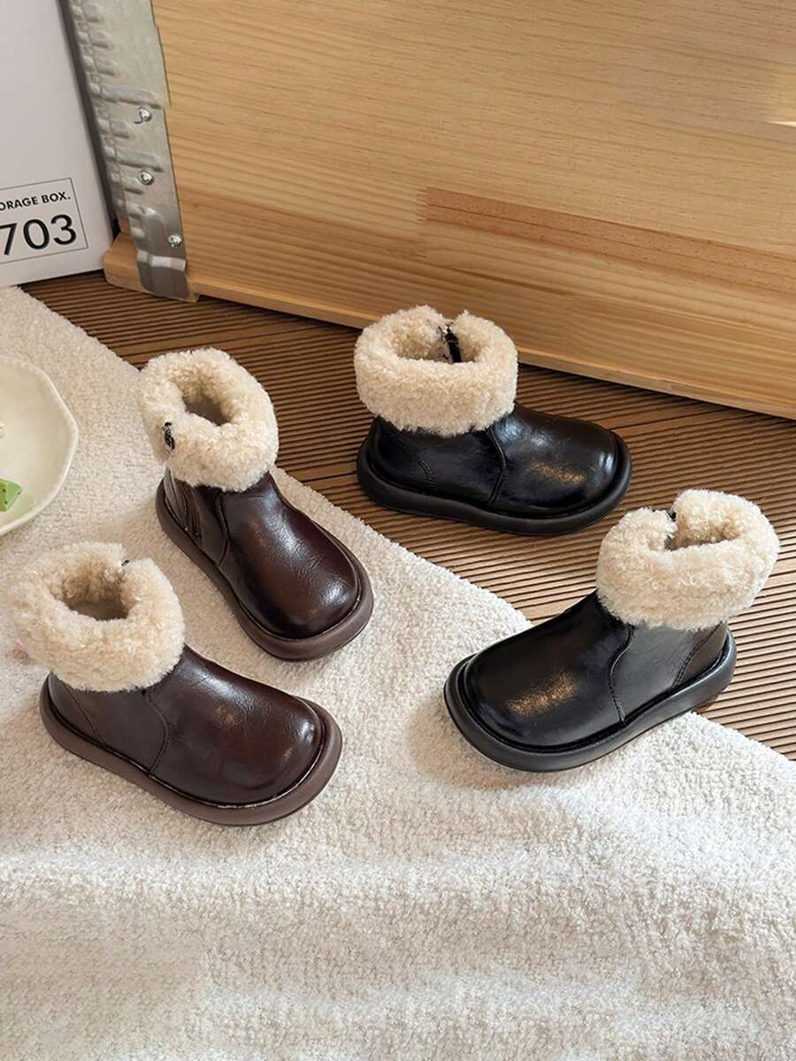 1 Pair 2025 Winter New Kids Waterproof Anti-Slip Faux Fur Snow Boots, Thick Thermal Lined Girls Winter Boots, Warm Leather Boys Boots, Fashionable Baby Boots