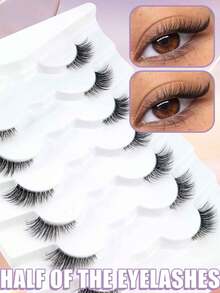 7 Paar Katzenauge verlängerte Wimpern, natürlich flauschige halbe Augen Kunstmink 3D lockige transparente Stiele, bequeme leichte Kunstmink Wimpern für Date & tägliches Augen Make-up - Halbe Wimpern - Übersicht 1