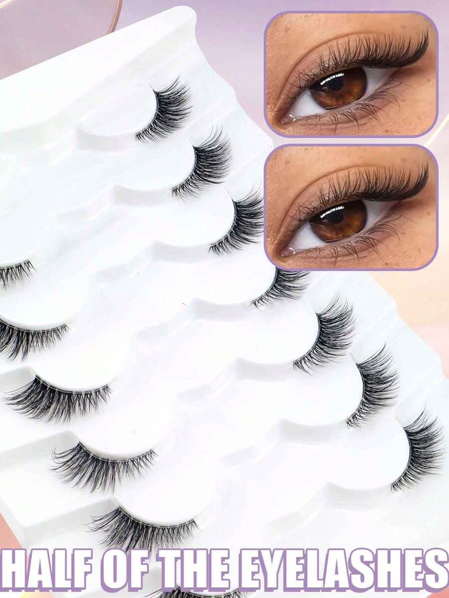 7 Paar Katzenauge verlängerte Wimpern, natürlich flauschige halbe Augen Kunstmink 3D lockige transparente Stiele, bequeme leichte Kunstmink Wimpern für Date & tägliches Augen Make-up - Halbe Wimpern - Übersicht 1