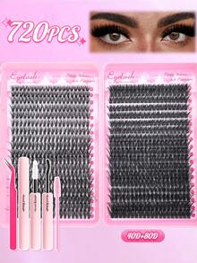 Juego de 800 pestañas postizas en racimo, incluye estilos mixtos de 30D/40D/60D/80D y 40D/60D/80D/100D, talla grande 720 pestañas naturales y esponjosas de 40D/80D, ligeras y cómodas, fáciles de aplicar, reutilizables y duraderas. El set incluye 1 pinza, 1 cepillo para pestañas y 1 adhesivo. Ideal para principiantes que quieran hacer extensiones de pestañas en casa u al aire libre, adecuado para maquillaje diario, fiestas, bodas, cosplay o viajes. - Negro - Ver 9