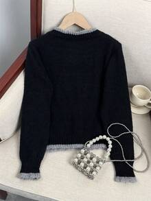 Wixra 2025 Autumn New Design Colorblock Heart Button Knitted Cardigan, Versatile Women Sweater Jacket - Black - View 7