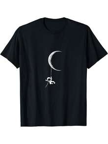 disfraz halloween hombre,camisas de hombre,ropa de hombre,playera de hombre,Camiseta de Manga Corta 100% Algodón - Cuello Redondo Negro, con Estampado Creativo de Patrón de Astronauta en la Luna con Estilo Divertido en el Frente, Estilo Fashion, Aireada, Cómoda y Suave para la Piel - Negro - Ver 2