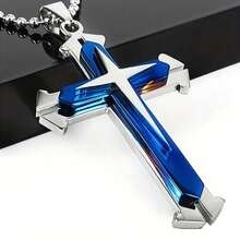 Men's Fashion Multi-Layer Cross Necklace - Men's And Women's Domineering Guard Necklace - Fashion Necklace, Elegant Design, Classic Jewelry Apparel Accessories, Perfect For Dress Up Holiday Gifts, Valentine's Day - 藍色 - 查看 1