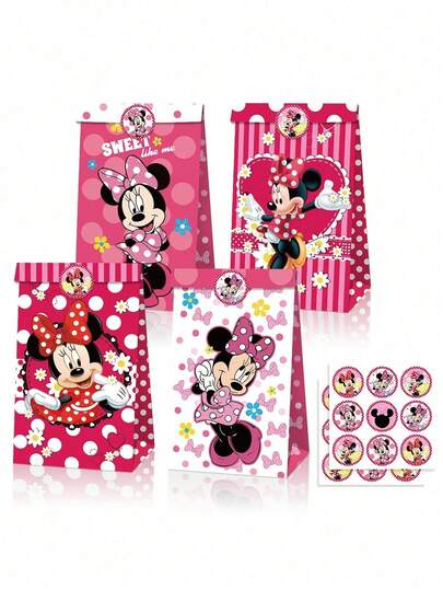 Presentes de Natal 12 PEÇAS/24 PEÇAS Sacolas de Presente com Tema de Desenho Animado Mickey Mouse, Suprimentos para Festa, Figura de Anime Mickey Mouse e Minnie Mouse, Sacolas de Presente, Sacos de Papel Kraft, Adesivos para Festa de Aniversário e Festa de Feriado