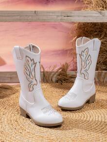Girls' Comfortable & Fashionable Embroidered Sequin Splice Outdoor Casual High Heel Boots With Side Zipper - White - View 19