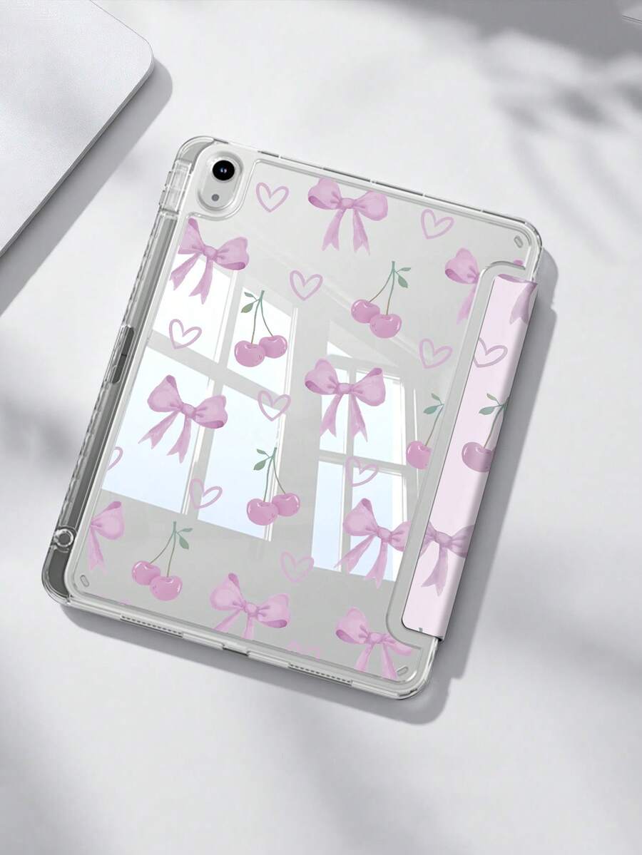 Ốp bảo vệ hai mặt bằng acrylic trong suốt hình nơ tím và quả anh đào, tương thích với iPad Air 8 (M4) 2026 (11 inch), Air 8 (M4) 2026 (13 inch), thế hệ thứ 10, 10.2/Mini 6/Mini 7/9.7 inch, Galaxy Tab A9 Plus, máy tính bảng gập 3+Y, chống cong vênh, góc được gia cố bằng silicon, tự động bật/tắt màn hình, khe cắm bút cảm ứng tích hợp, chân đế đa góc - Bảo vệ hoàn hảo hàng ngày, quà tặng ngày lễ.