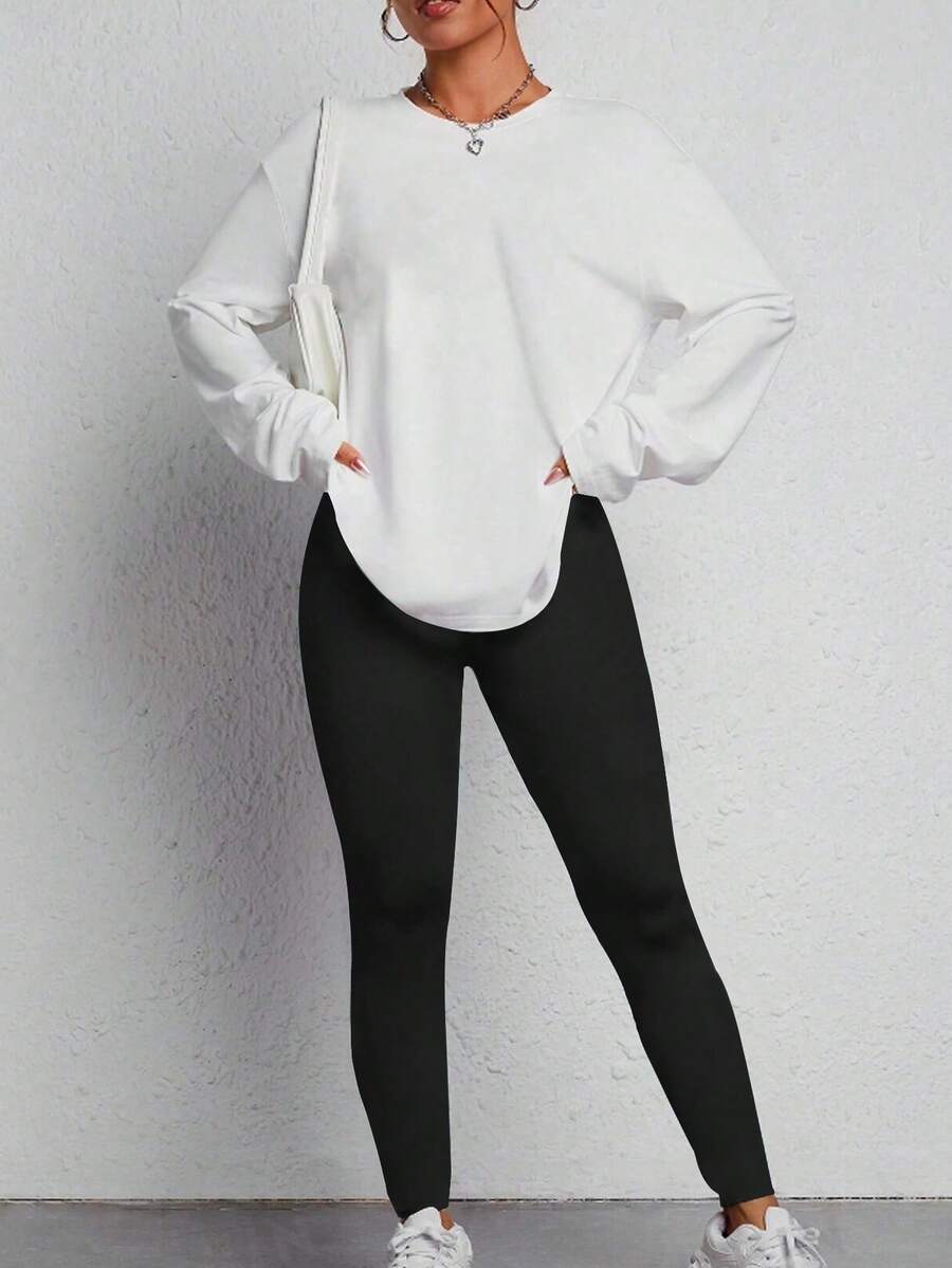 Women's Two Pieces Casual Women's Wear Simple Round Neck Long-Sleeved Top Leggings Suit Suitable For Home And Outing Sports Casual Suit - 黑與白 - 查看 1