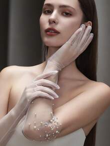 1 Pair Women's Long Beaded Mesh Gloves, Elegant White Long Bridal Wedding Party Photo Accessory, Bridal Wear. Versatile To Match With Wedding Dress Autumn Accessories