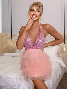 Women's Sequin Contrast Mesh Halter Neck Summer Dress - Baby Pink - View 4